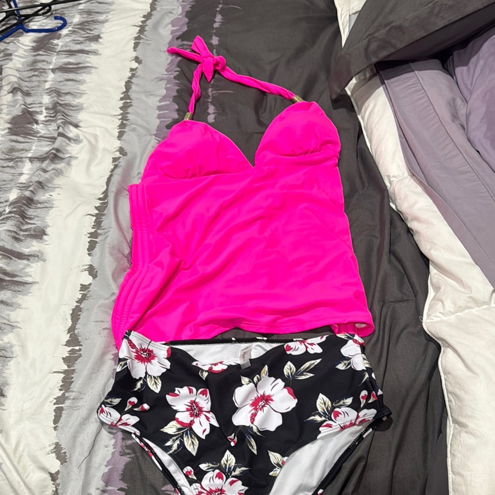 Pink Halter Bikini Top with Floral Bottoms